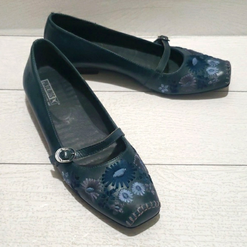 Pikolinos 40 (9.5/10) blue/green embroidery square toe Mary Jane shoes